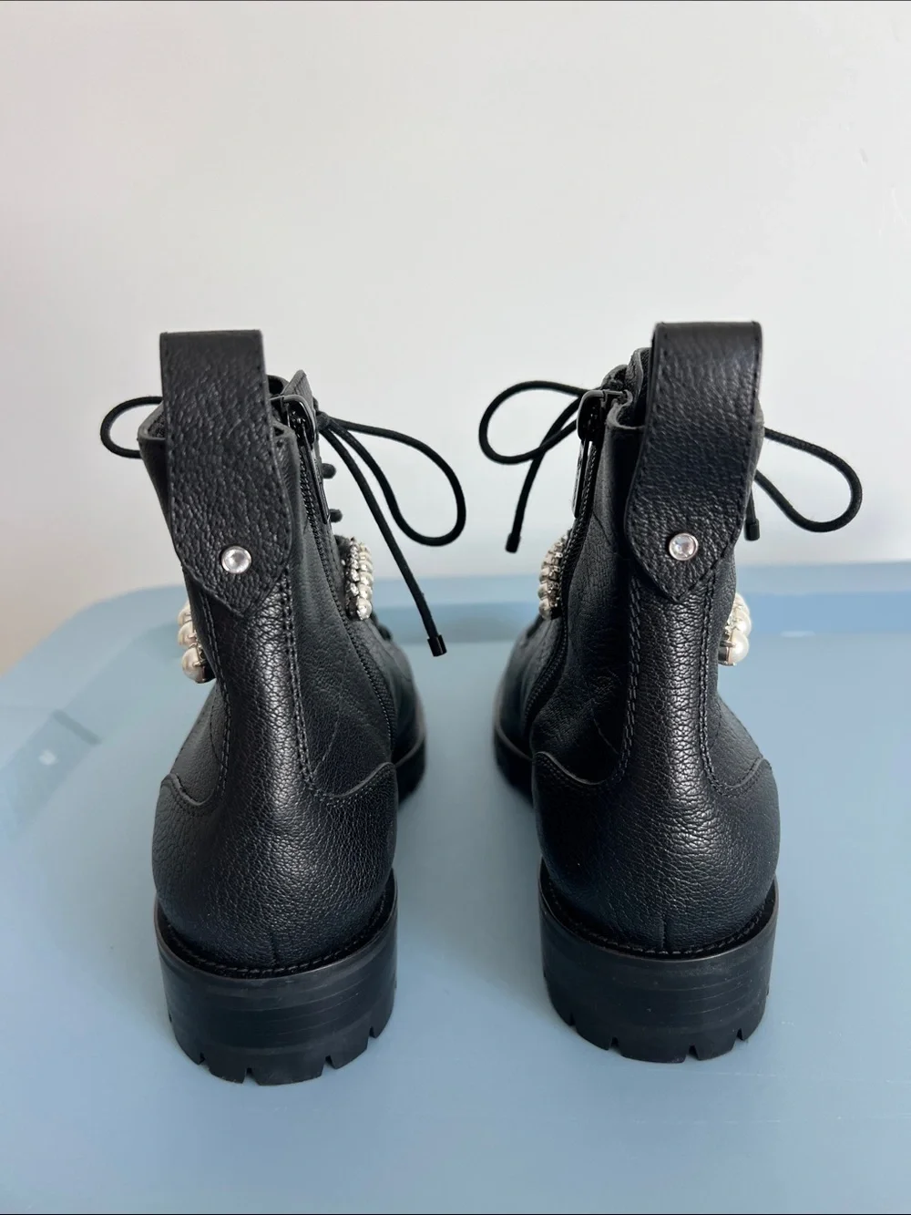 Jimmy Choo cruz crystal faux pearl embellished strap lace-up black leather boots